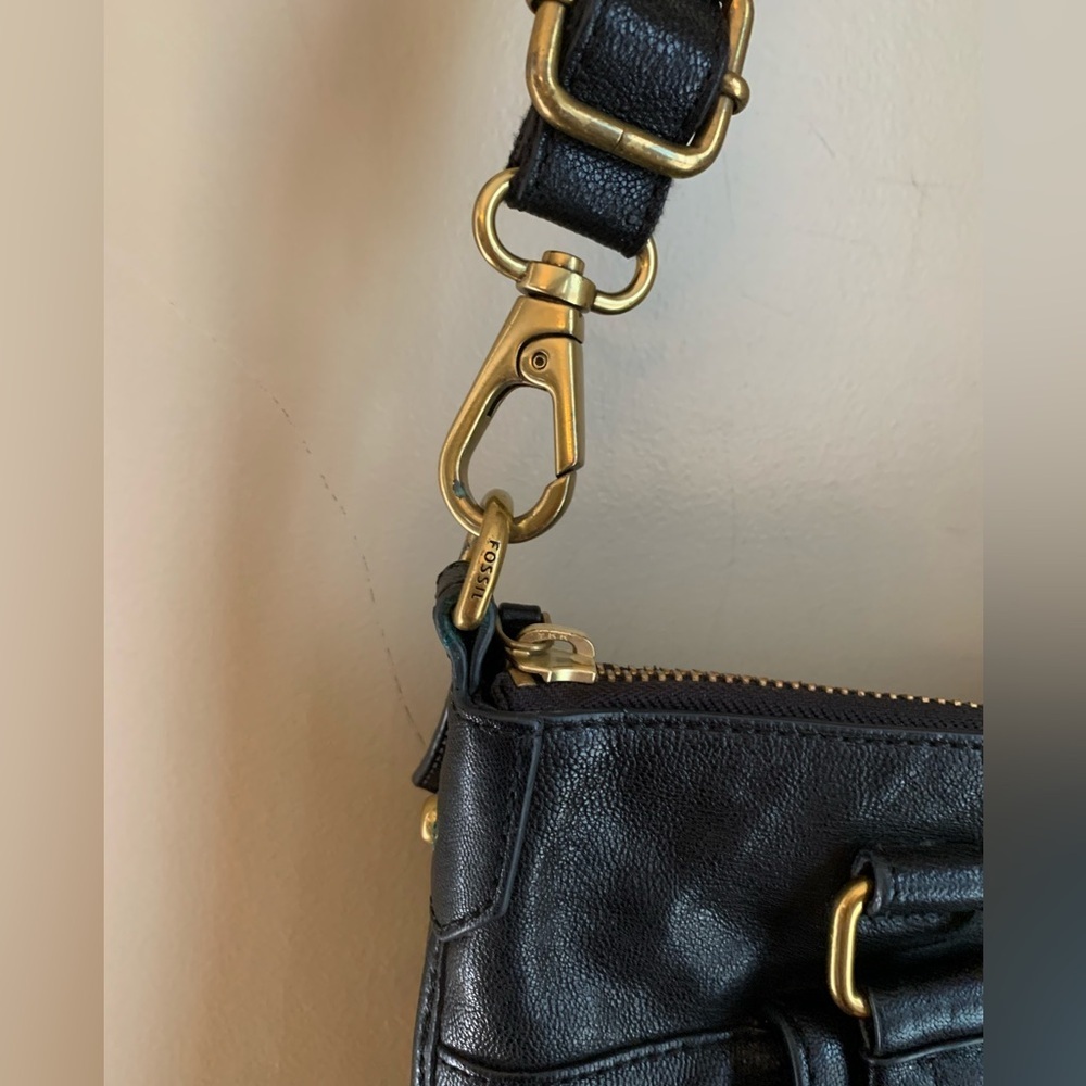 Fossil Becca Crossbody Satchel Bag Leather Black Brass crossbody Handbag - Picture 2 of 12